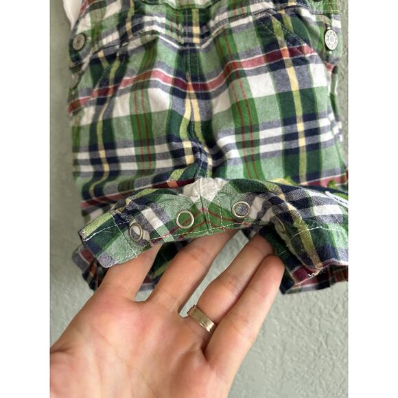 Carters 12 month boy Overall Shorts Shortall Outfit Polo Shirt Vintage Plaid - Picture 3 of 7
